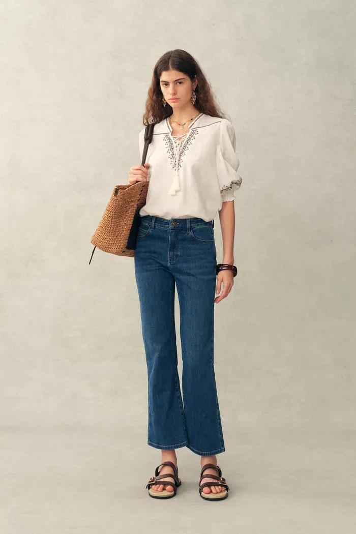 Becky Cross Stitch Tie Front Short Sleeve Shirt in Linen Blend sold by Fabrique