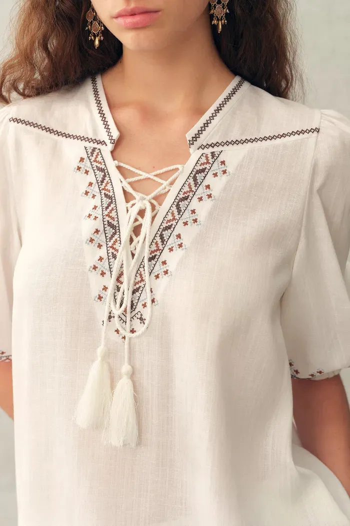 Becky Cross Stitch Tie Front Short Sleeve Shirt in Linen Blend sold by Fabrique product image thumbnail 5