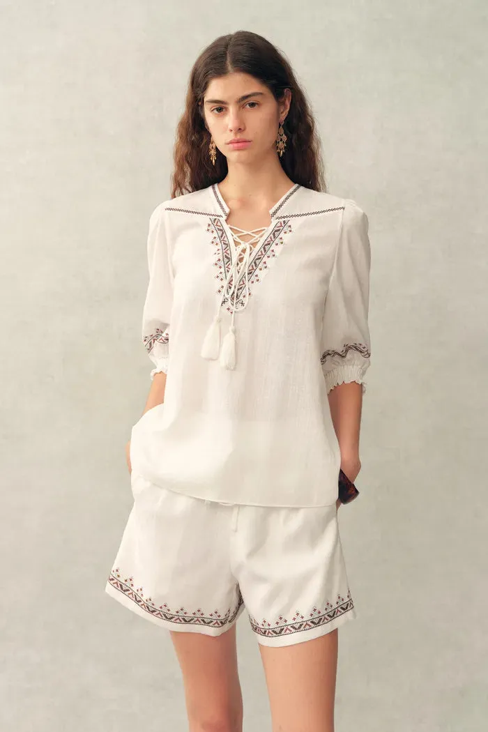 Becky Cross Stitch Tie Front Short Sleeve Shirt in Linen Blend sold by Fabrique product image thumbnail 2