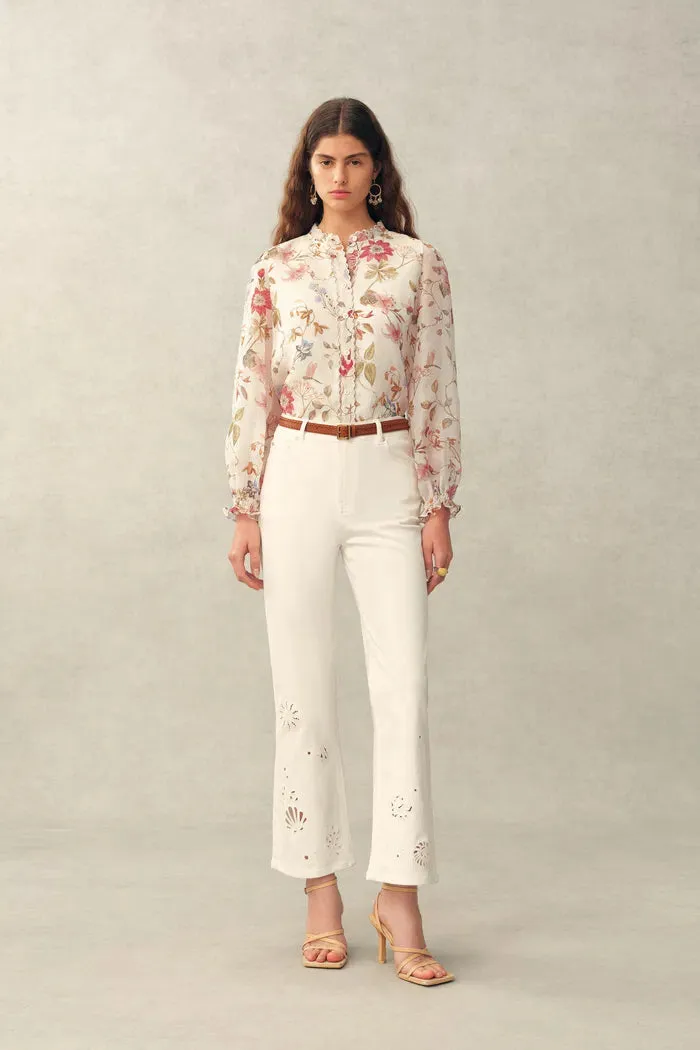 Adelaide Handpainted Floral Blouse in Silk Linen Organza sold by Fabrique