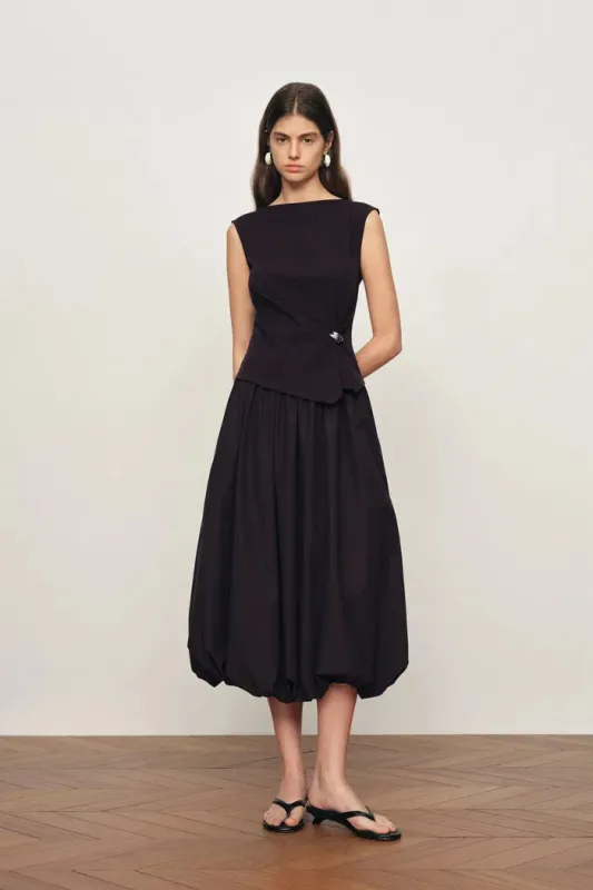 Freya Twisted Drape Sleeveless Top and Bubble Skirt Set in Cotton Blend--Brownish Red made by Fabrique