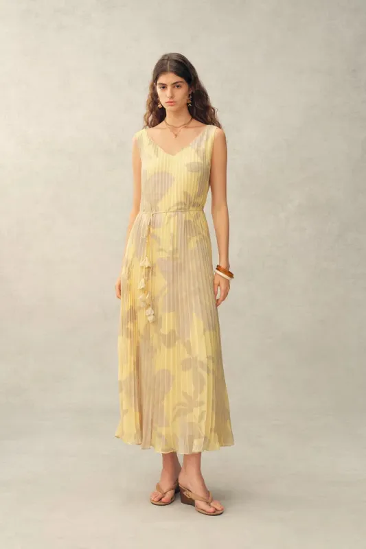 Calista Handpainted Floral Sleeveless Dress in Chiffon Pleates made by Fabrique