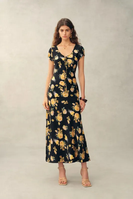 Maggie Handpainted Floral Cinched Waist Dress in Silk Double Crepe made by Fabrique