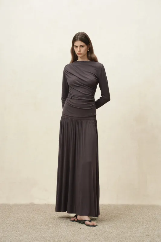Nyx Drapy Ruched Off Shoulder Top in Tencel Blend made by Fabrique