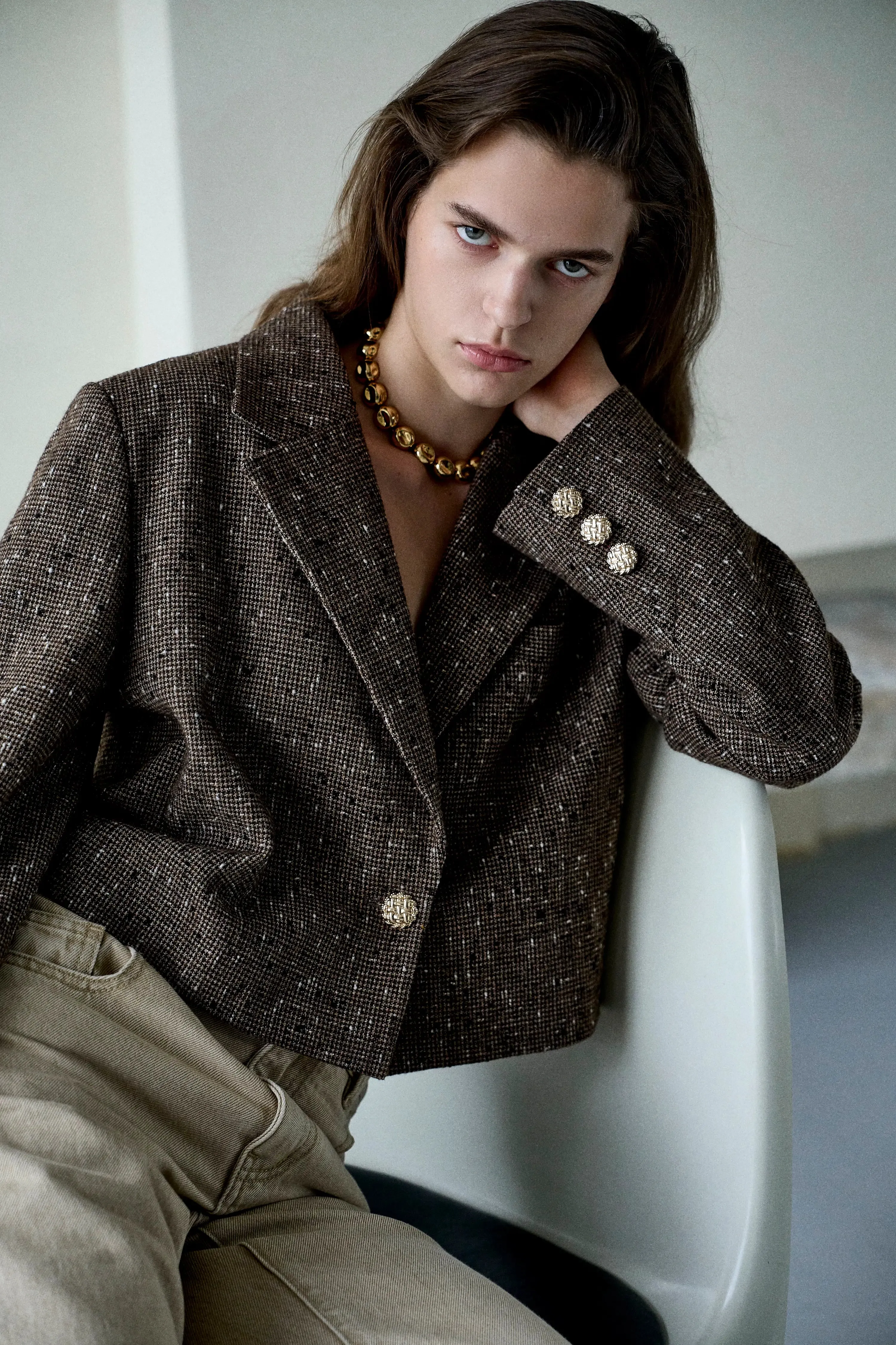 Eleanor Crop Houndstooth Blazer in Light Wool-Blend sold by Fabrique
