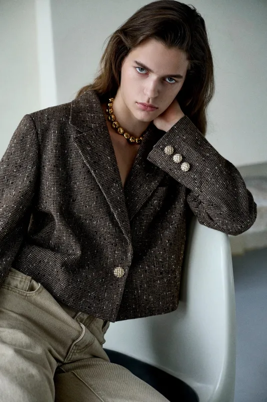 Eleanor Crop Houndstooth Blazer in Light Wool-Blend made by Fabrique