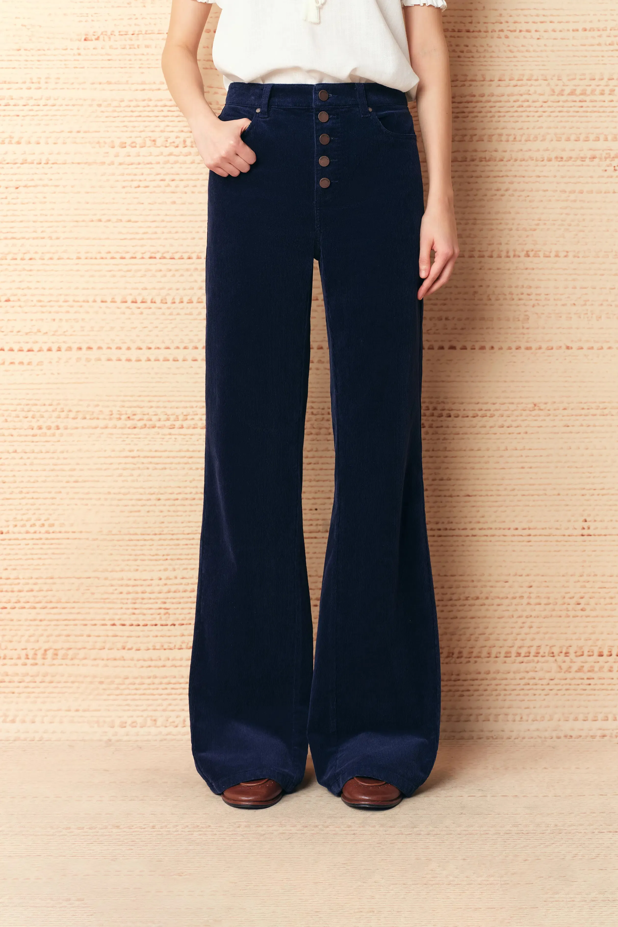 Hedda Vintage Wash Slim Flare Pants in Corduroy sold by Fabrique