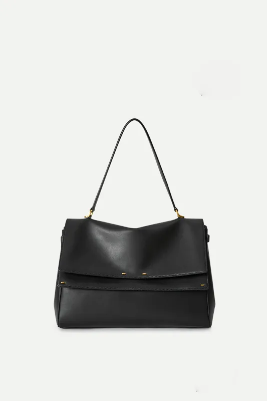 Rialto Black Double Flap Handbag in Calfskin Leather made by Fabrique