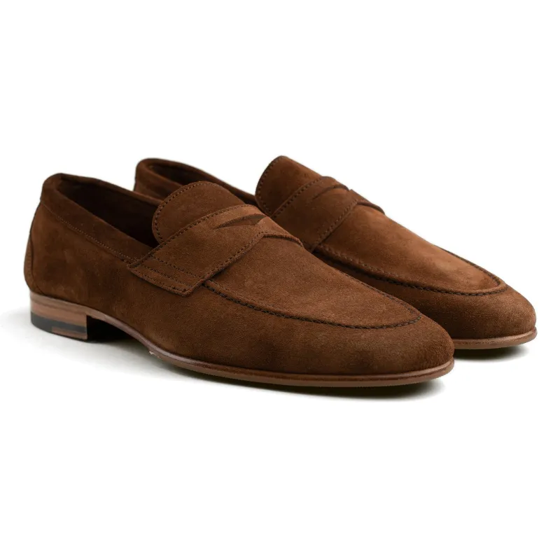 Unlined Penny Loafer - Snuff Brown Suede sold by Mehra