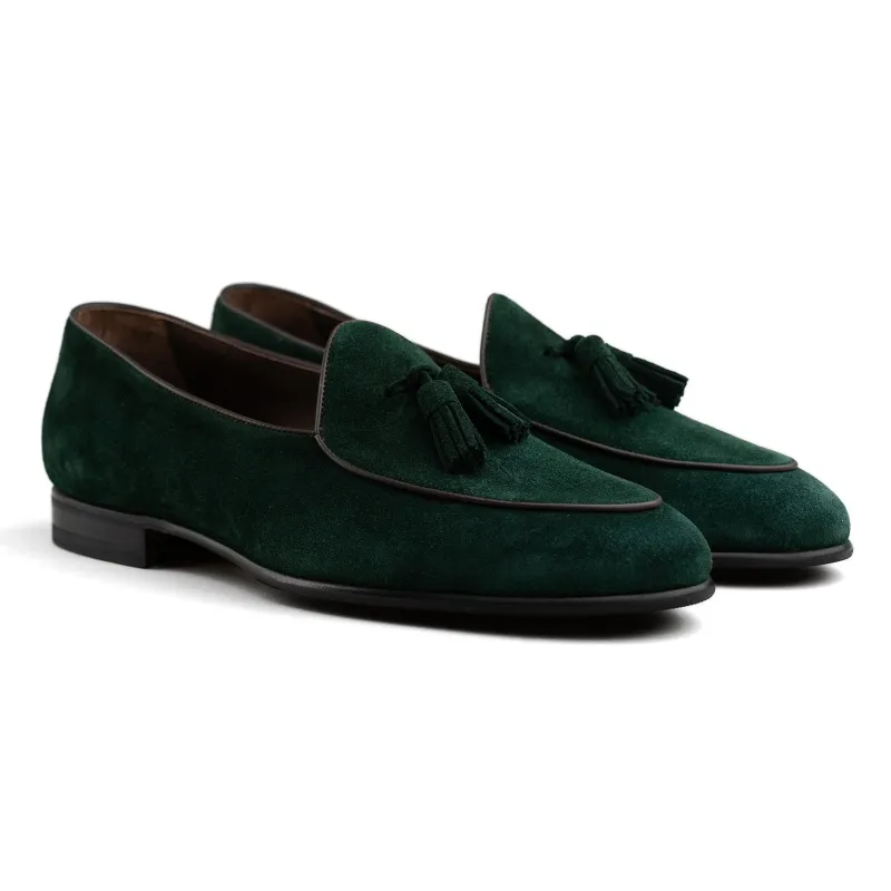Belgian Tassel Loafer - Emerald Green Suede sold by Mehra