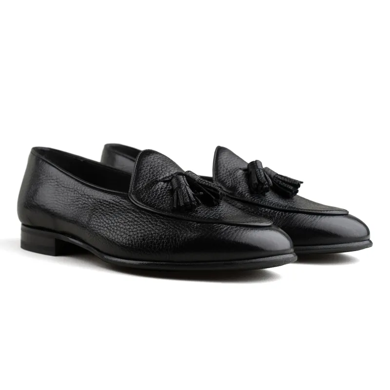 Belgian Tassel Loafer - Black Deerskin sold by Mehra