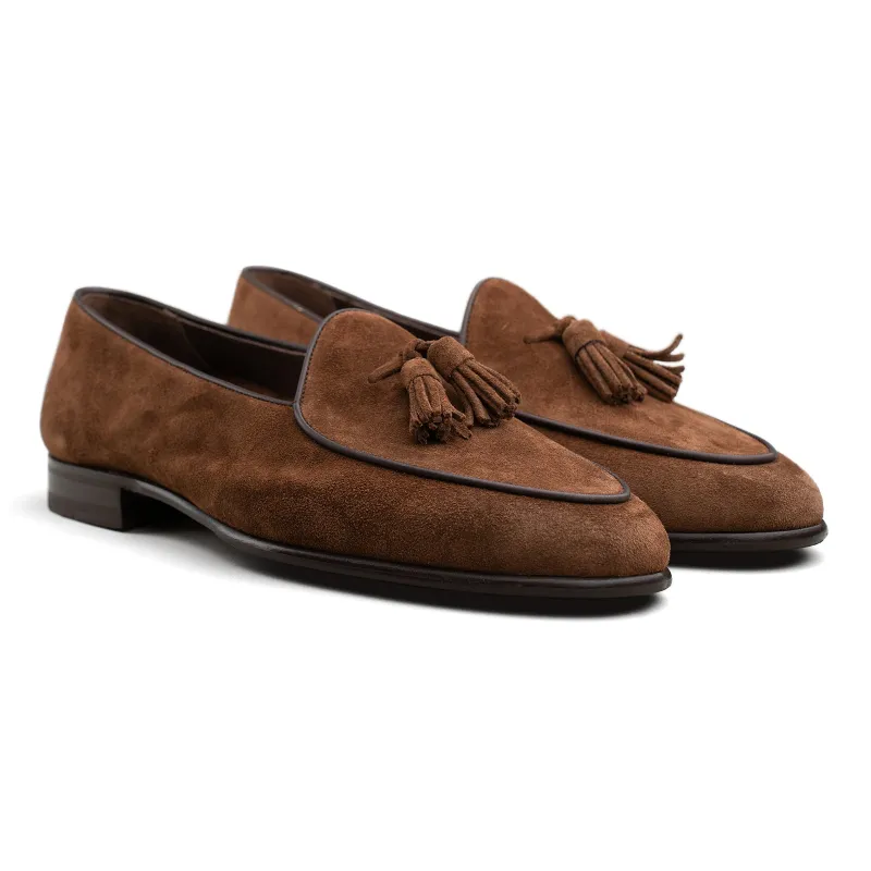 Belgian Tassel Loafer - Medium Brown Suede sold by Mehra