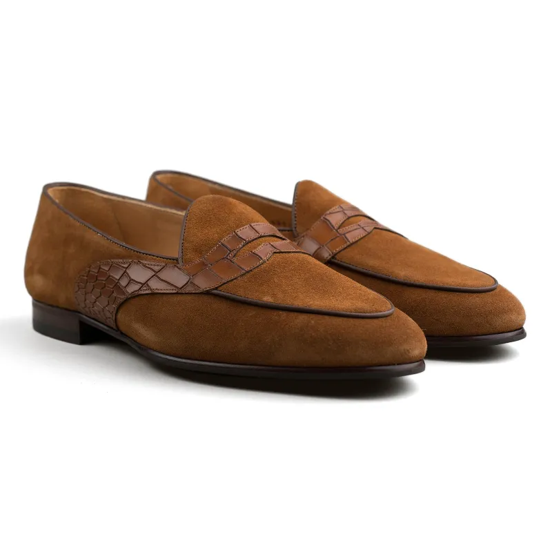 Belgian Penny Loafer - Tobacco Suede w/ Faux Croc Strap sold by Mehra