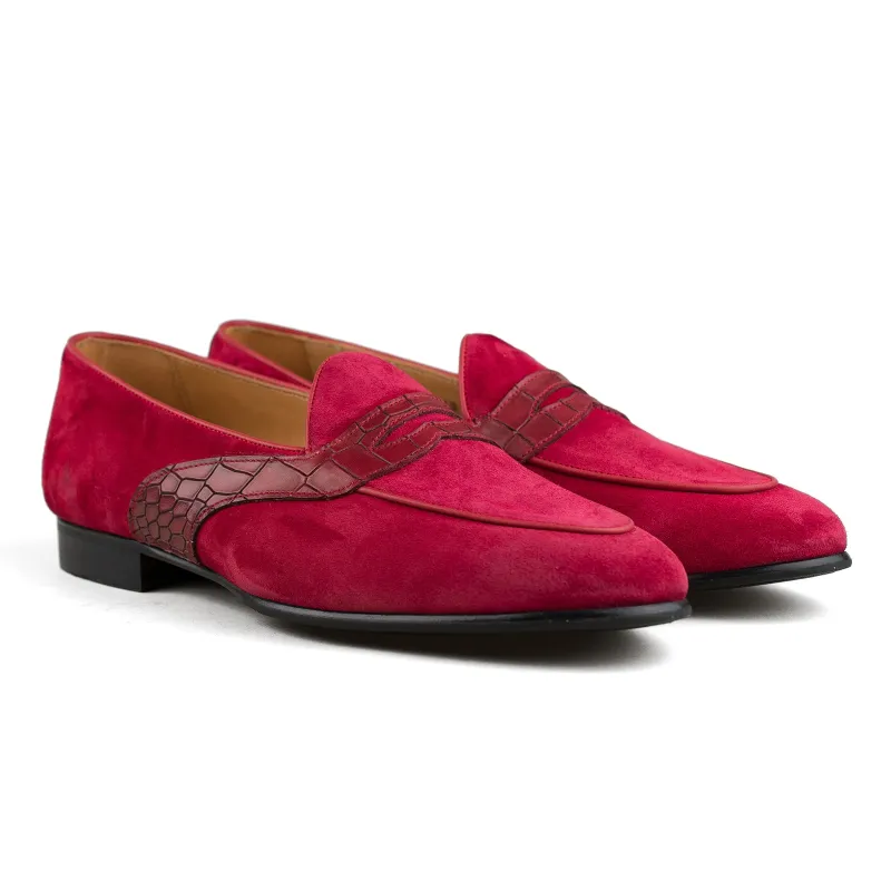Belgian Penny Loafer - Red Suede w/ Faux Croc Strap sold by Mehra