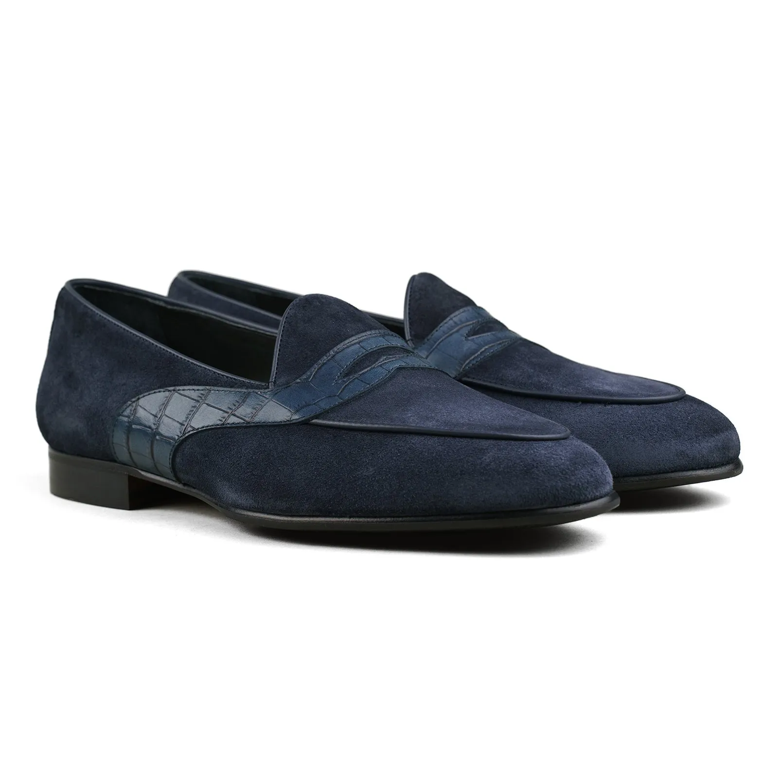 Belgian Penny Loafer - Navy Suede w/ Faux Croc Strap sold by Mehra