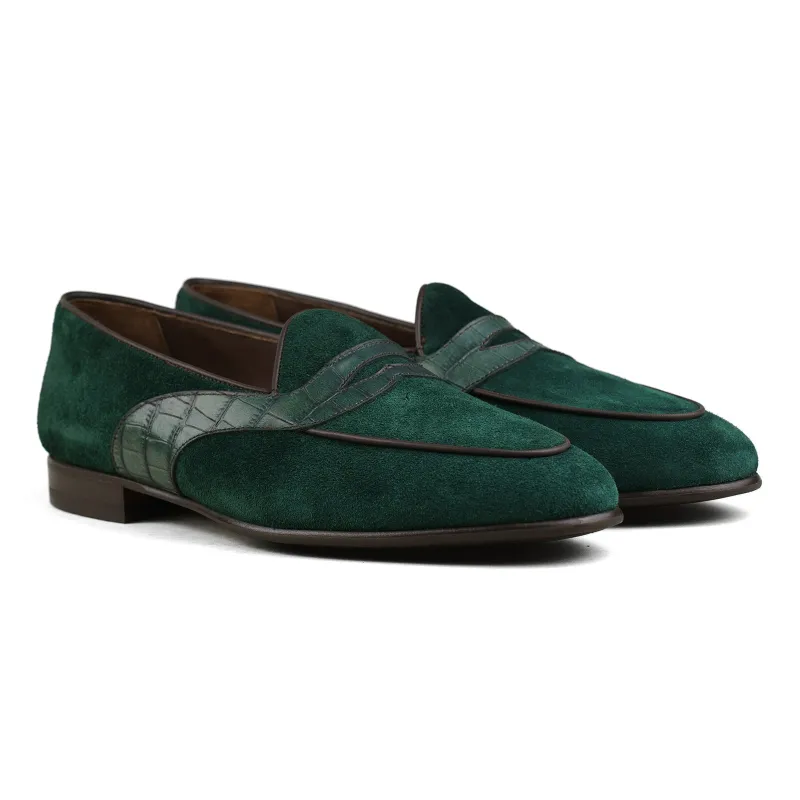 Belgian Penny Loafer - Green Suede w/ Faux Croc Strap sold by Mehra