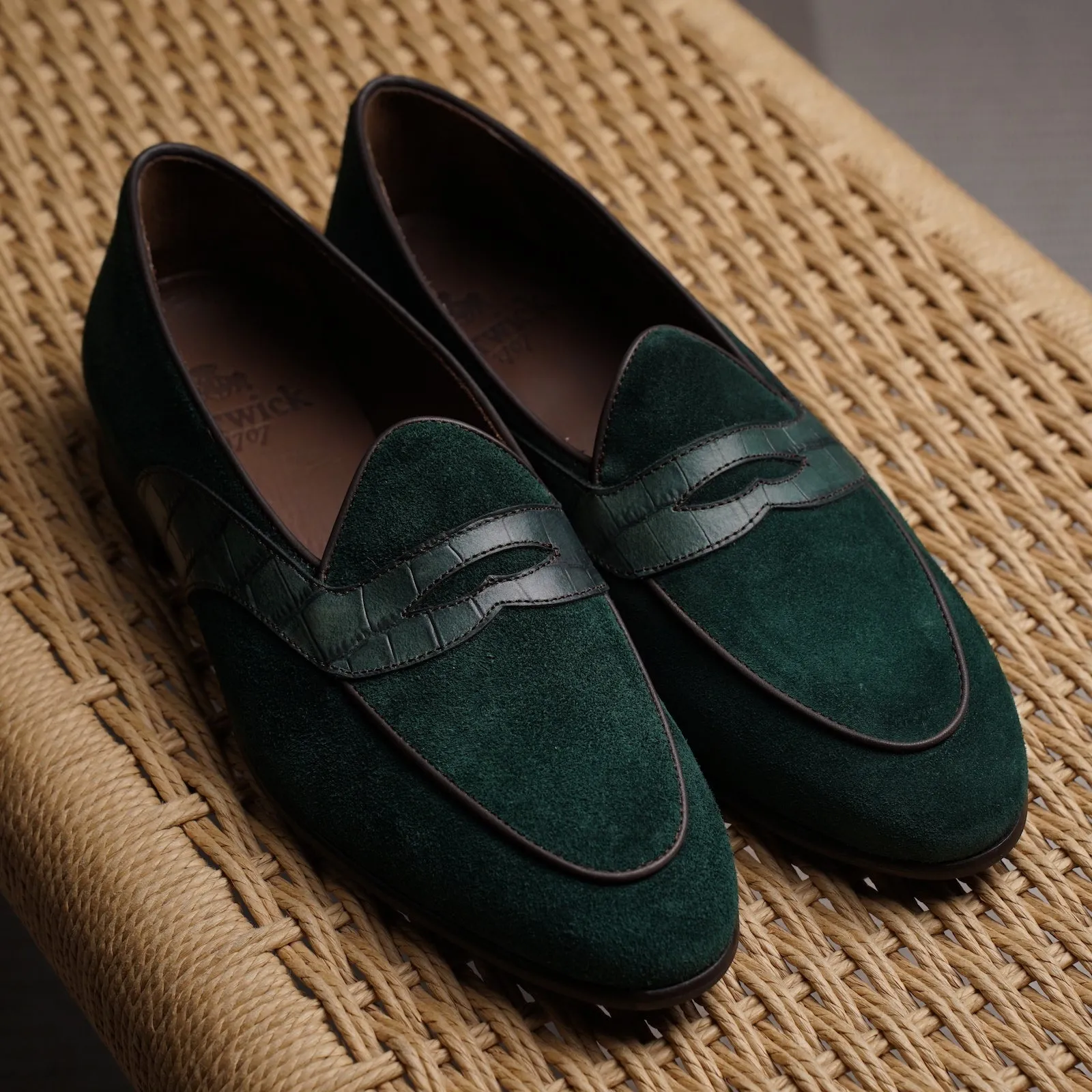 Belgian Penny Loafer - Green Suede w/ Faux Croc Strap sold by Mehra product image thumbnail 5