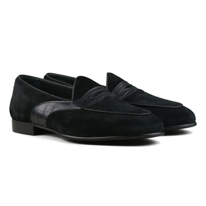 Belgian Penny Loafer - Black Suede w/ Faux Croc Strap sold by Mehra