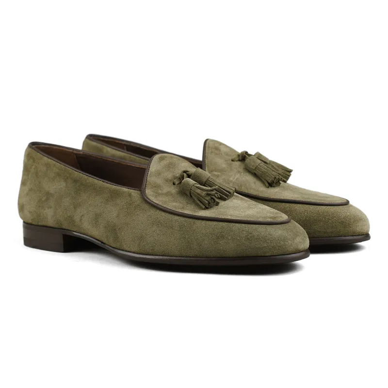Belgian Tassel Loafer - Green Suede sold by Mehra