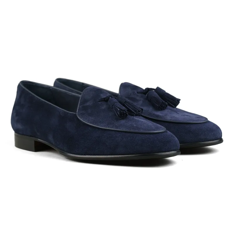 Belgian Tassel Loafer - Midnight Blue Suede sold by Mehra