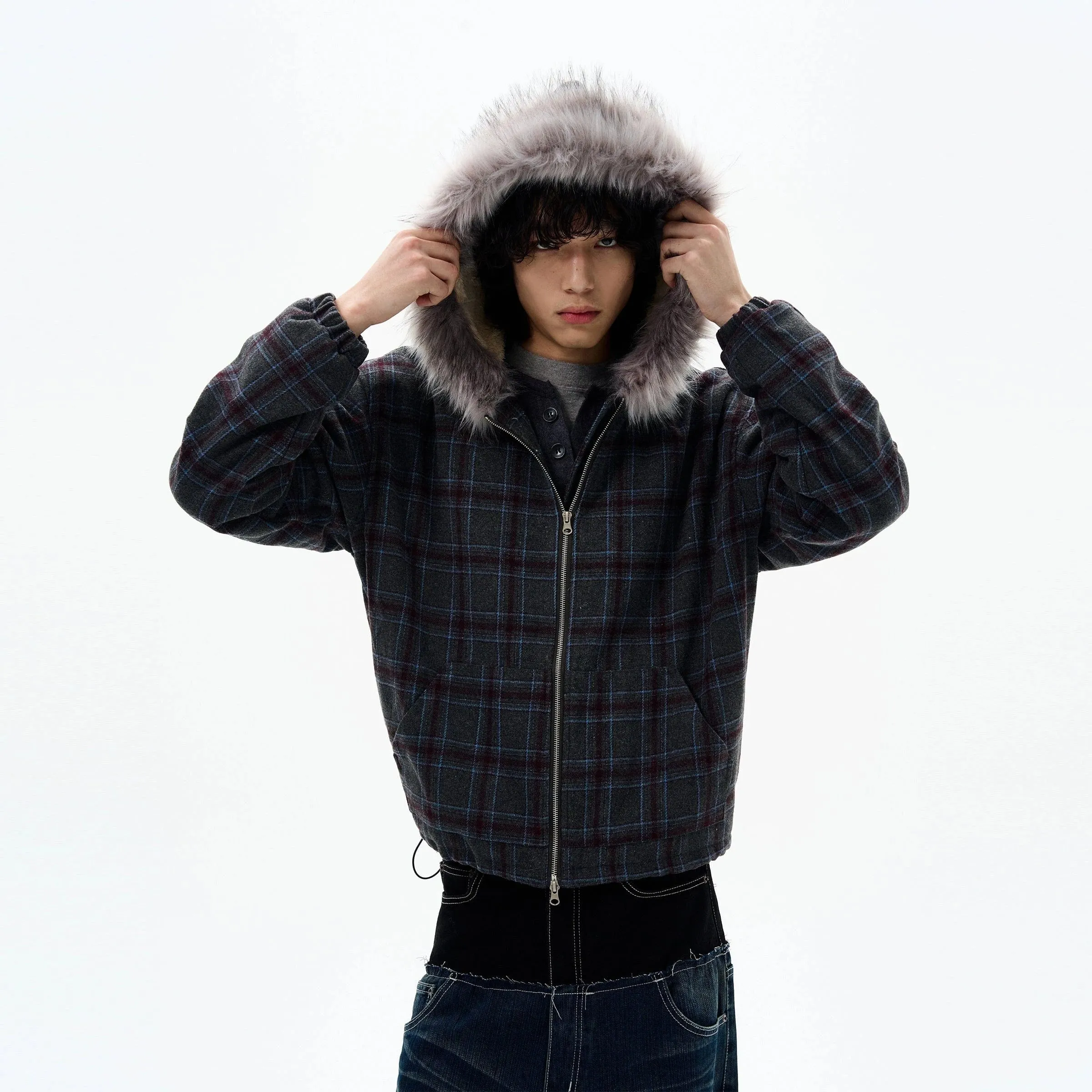 RT No. 32505 PLAID FUR ZIP HOODIE sold by Real Takai