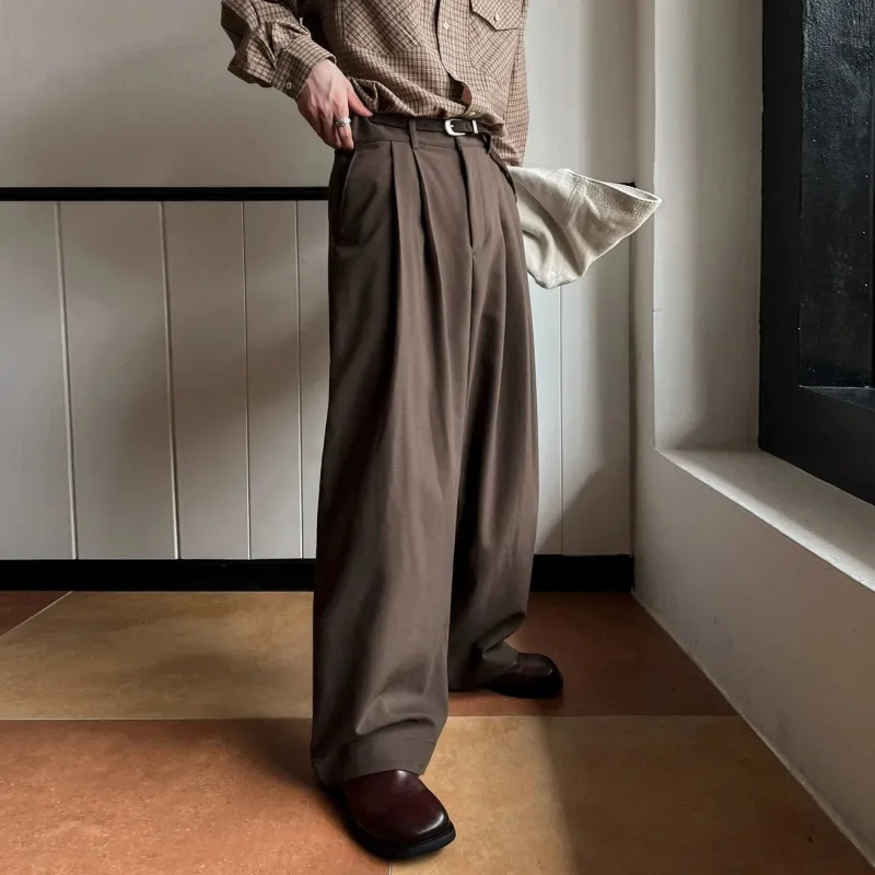 RT No. 32046 BROWN PLEATED WIDE STRAIGHT PANTS sold by Real Takai