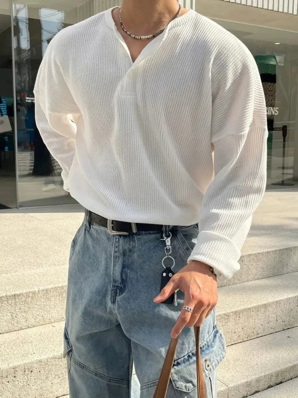 RT No. 31074 WAFFLE KNIT HENLEY COLLAR LONGSLEEVE made by Real Takai