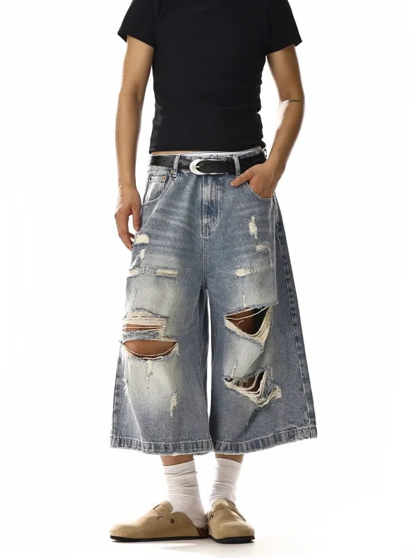 RT No. 18249 RIPPED BLUE DENIM SHORTS sold by Real Takai