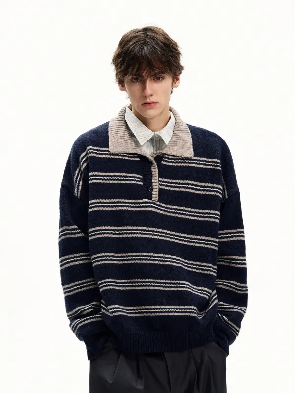 RT No. 55129 KNITWEAR STRIPED HENLEY SWEATER sold by Real Takai
