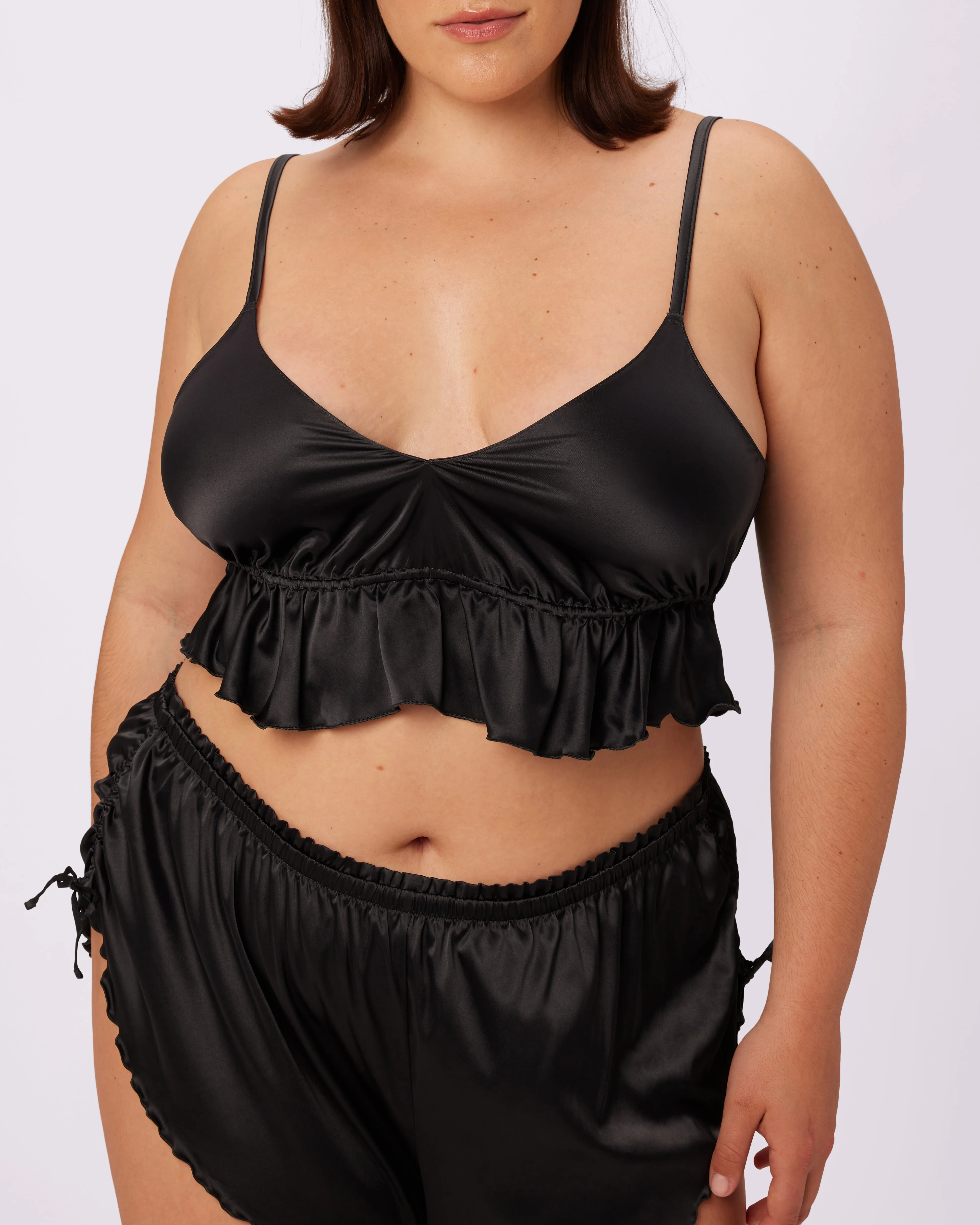 Luxe Tie-Back Flutter Crop | Luxe Satin (Eightball) sold by Parade