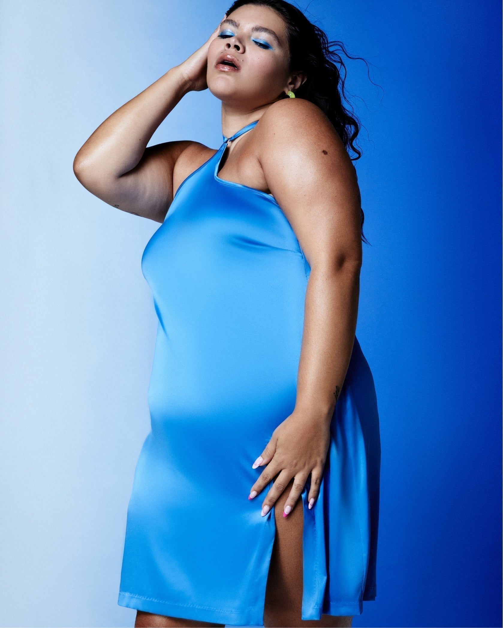 XL High Slit Satin Halter Dress | Glow Satin | Archive (Peacock) sold by Parade