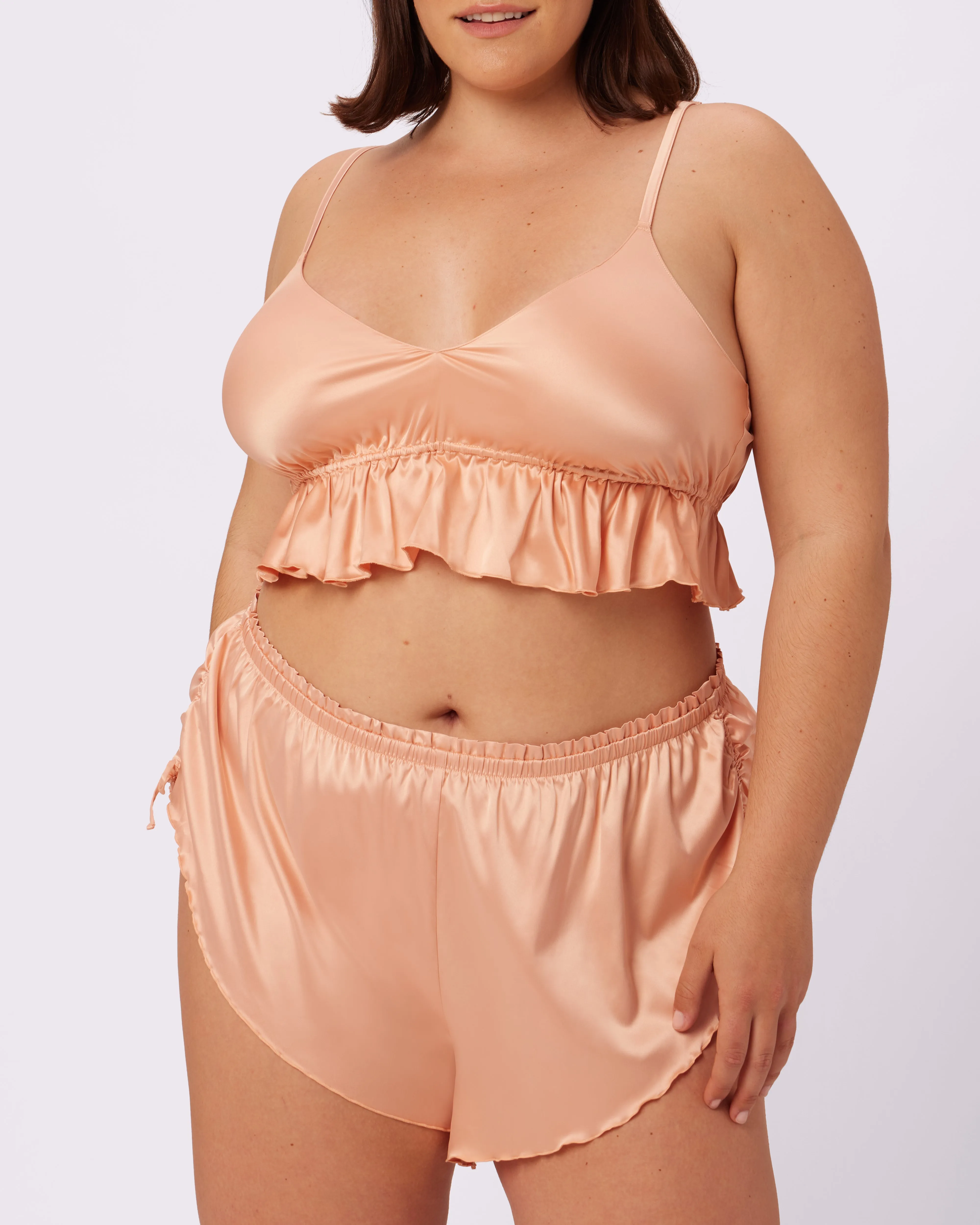 Luxe Tie-Back Flutter Crop | Luxe Satin (Rose Pearl) sold by Parade