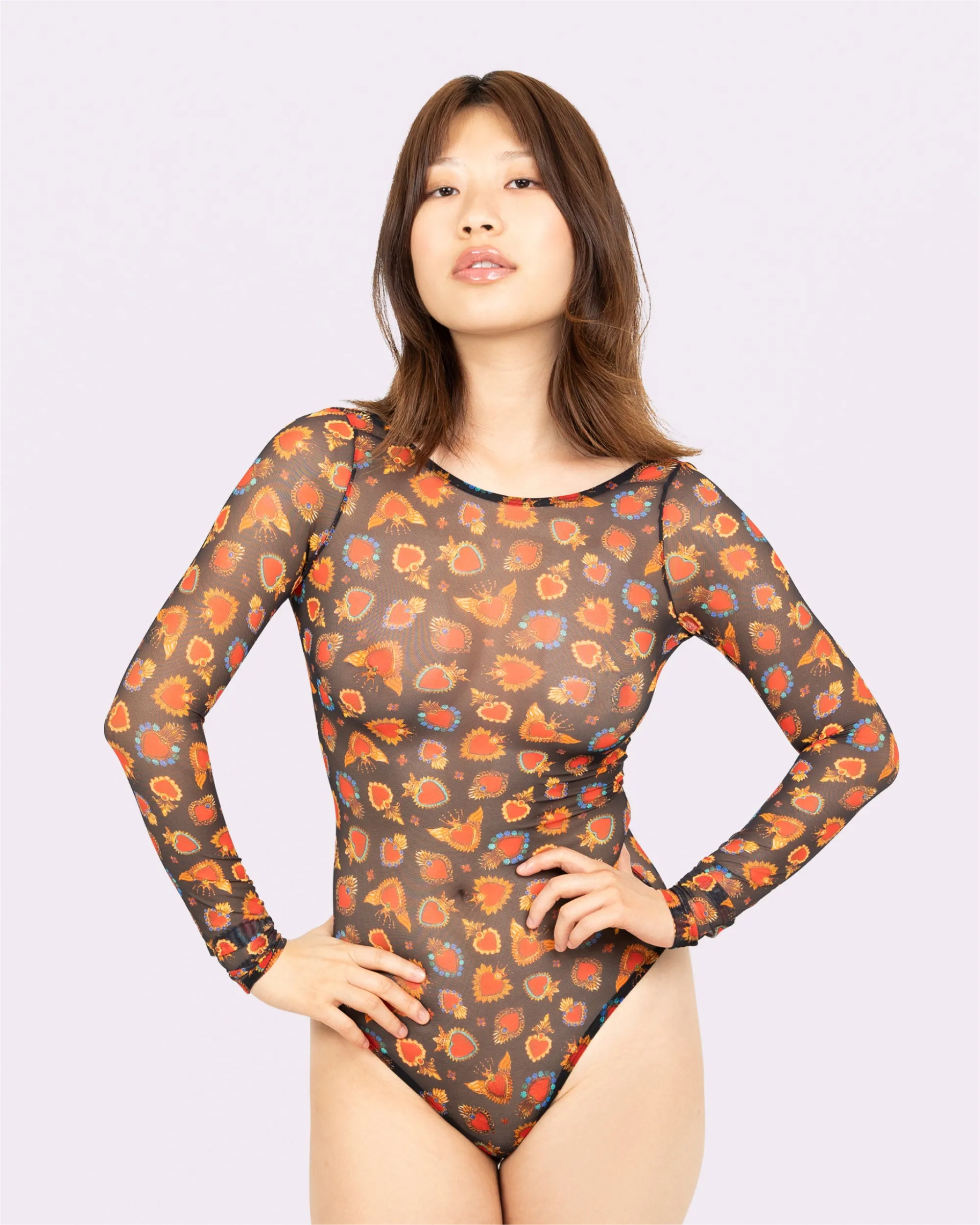 Silky Mesh Long Sleeve Bodysuit | Silky Mesh (Crowned Hearts) sold by Parade