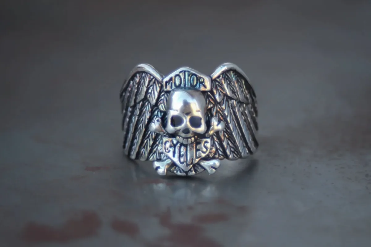 Harley Emblem Skull & Cross Bones 1980s Ring Size-14 made by Kilroy-VTG