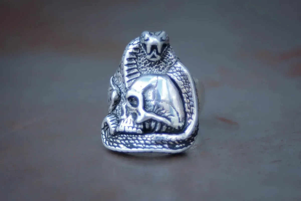 Cobra & Skull 1990s Biker Ring Size- 6, 7, 9, 10, 12, & 13 made by Kilroy-VTG