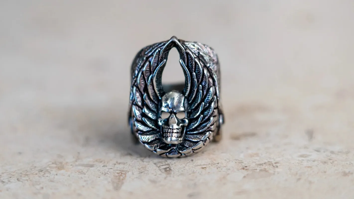 1980s Winged Skull and Wheels G&S Ring Size-7 made by Kilroy-VTG