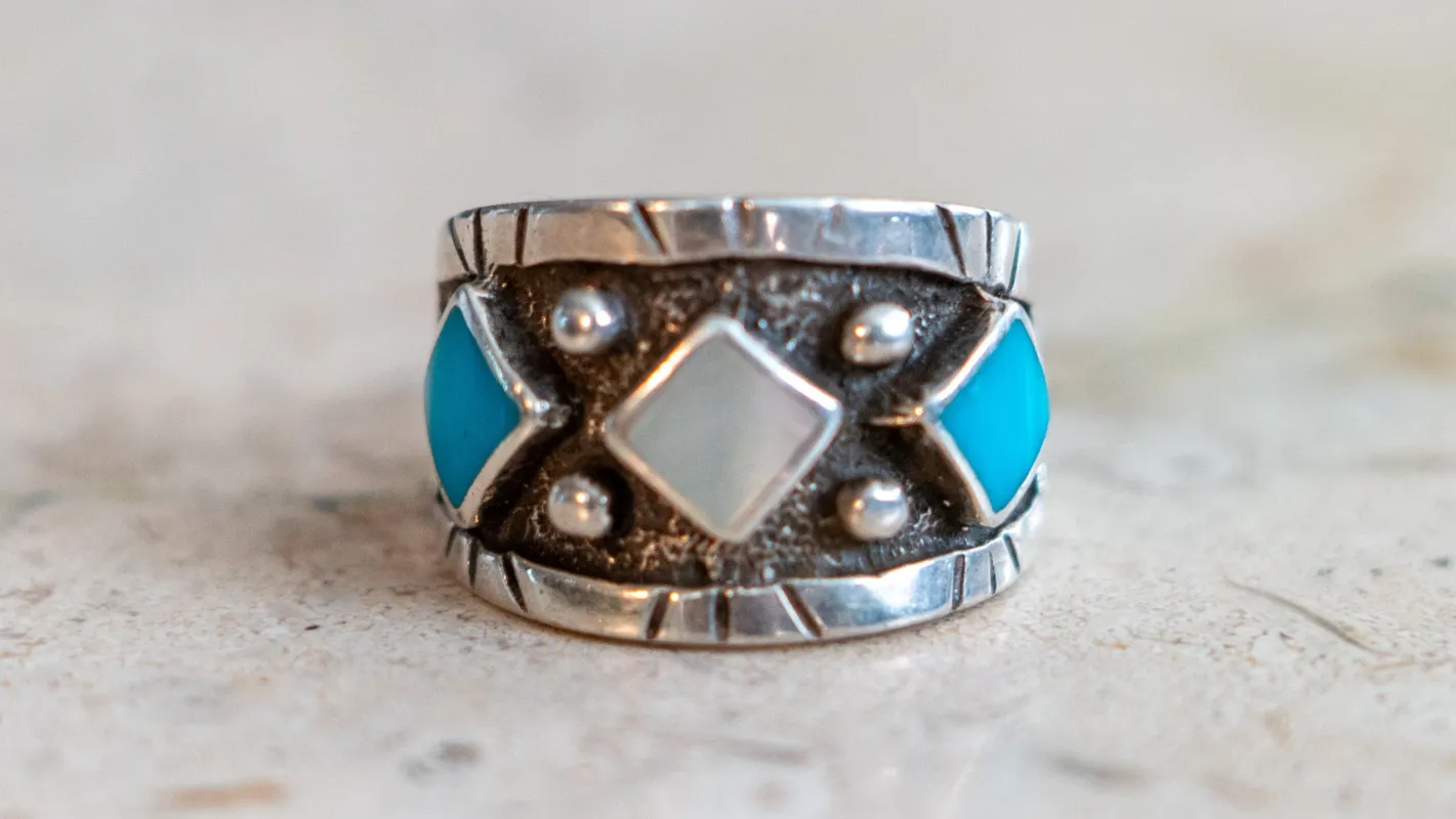 Turquoise & Mother of Pearl Navjo Cigar Band Size-9 made by Kilroy-VTG