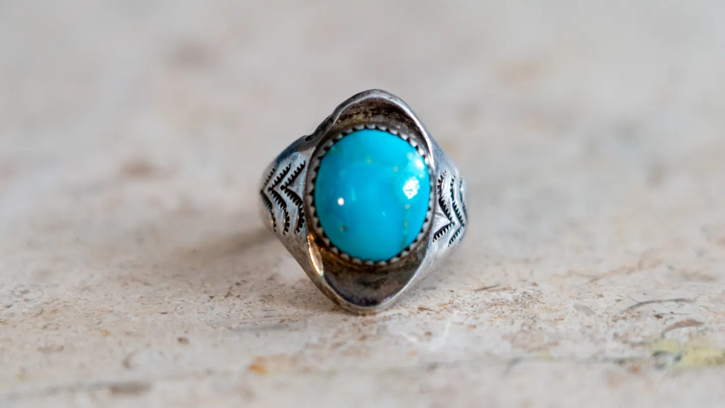 Handmade & Hand Stamped 1960s Turquoise Ring Size-10 made by Kilroy-VTG