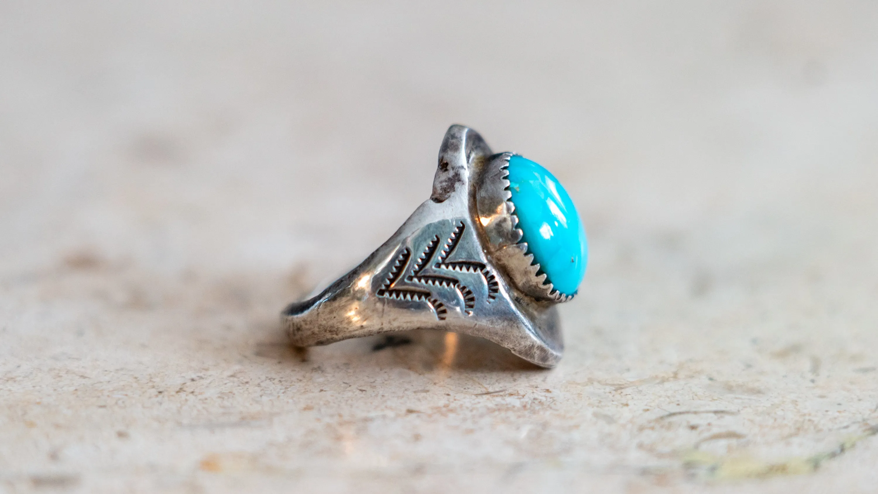Handmade & Hand Stamped 1960s Turquoise Ring Size-10 sold by Kilroy-VTG product image thumbnail 3