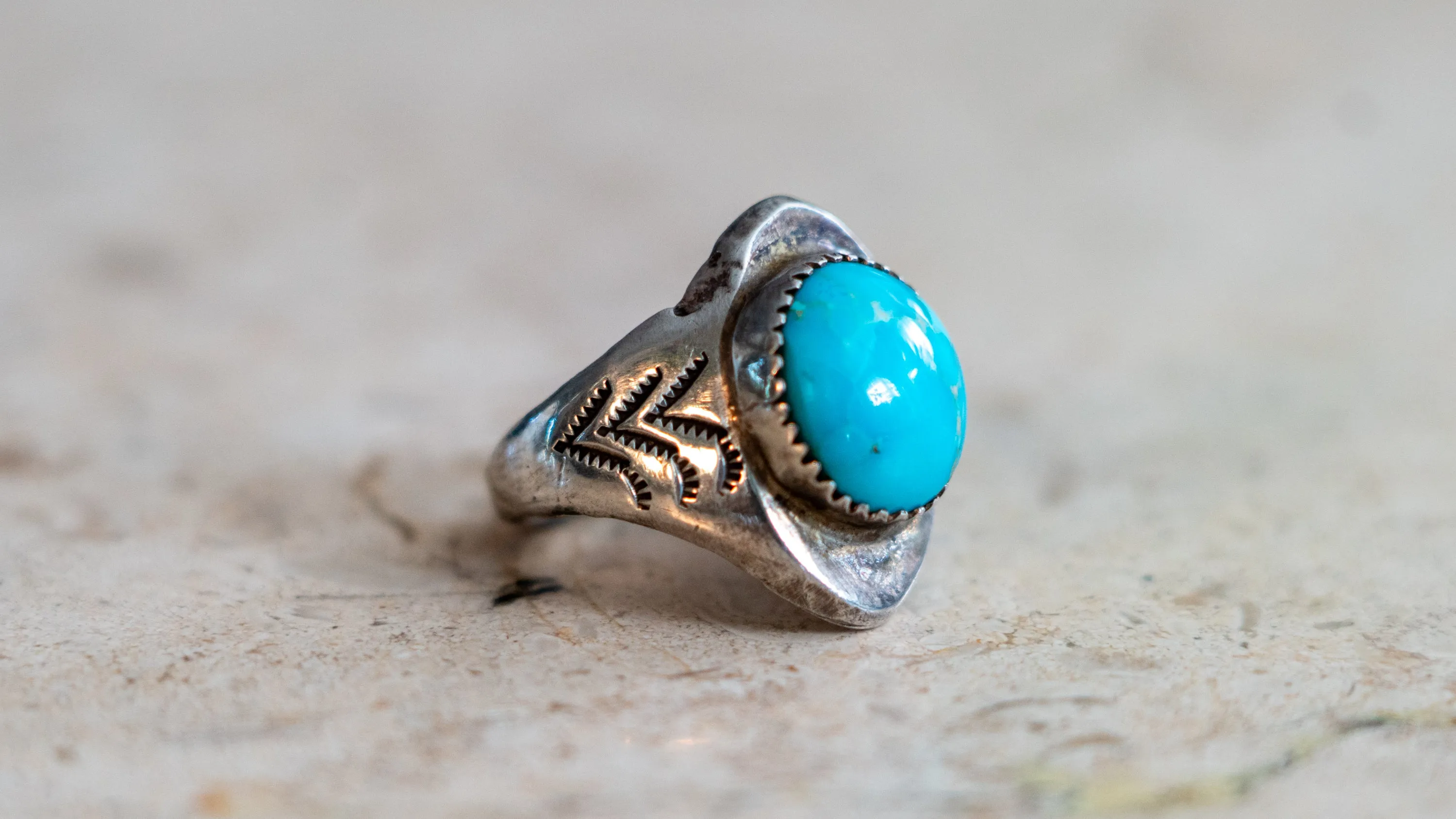 Handmade & Hand Stamped 1960s Turquoise Ring Size-10 sold by Kilroy-VTG product image thumbnail 2