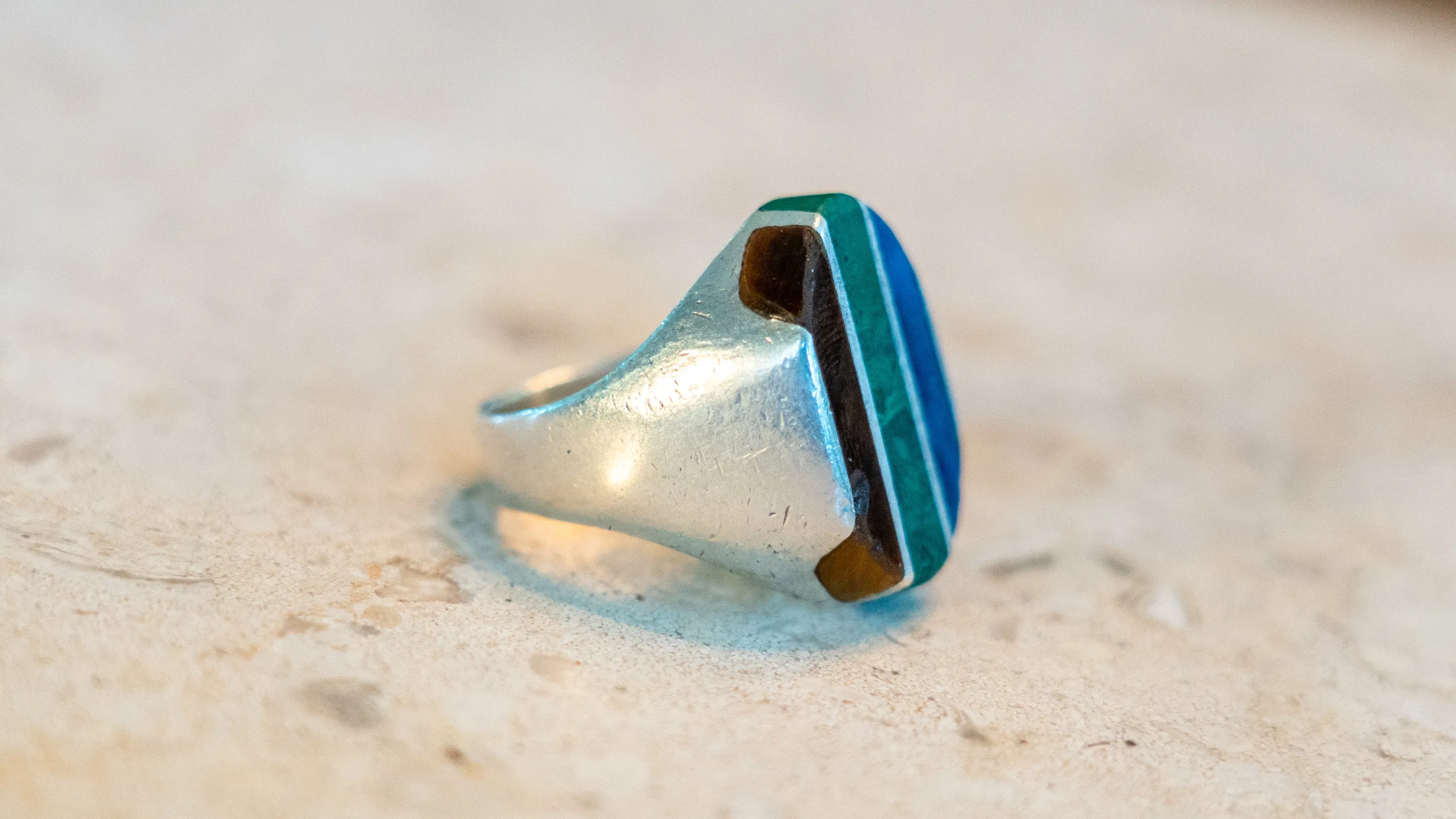 Heavy 22 Gram Multi Inlay Mexico Biker Ring Size-10 sold by Kilroy-VTG product image thumbnail 3