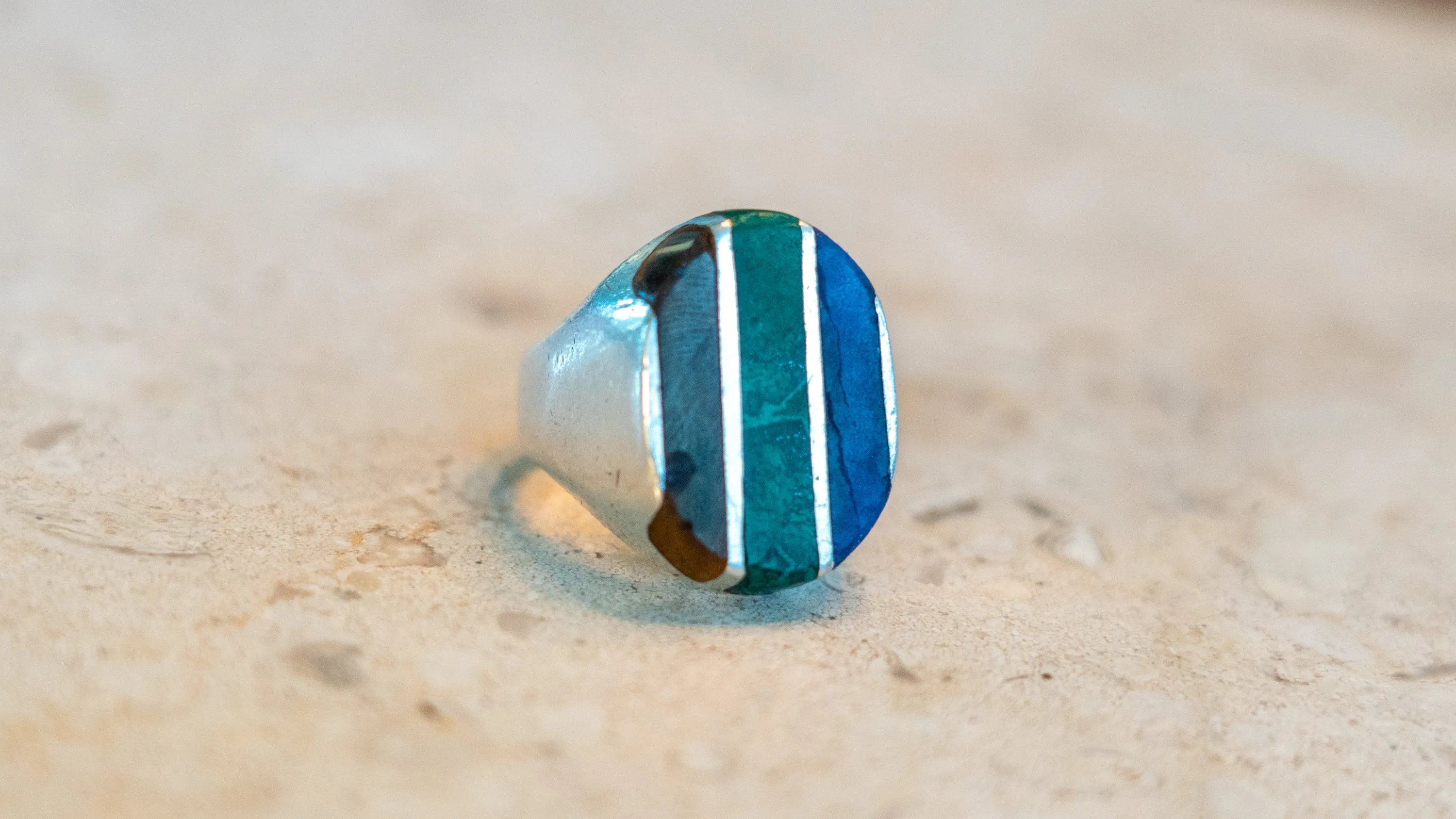 Heavy 22 Gram Multi Inlay Mexico Biker Ring Size-10 sold by Kilroy-VTG product image thumbnail 2