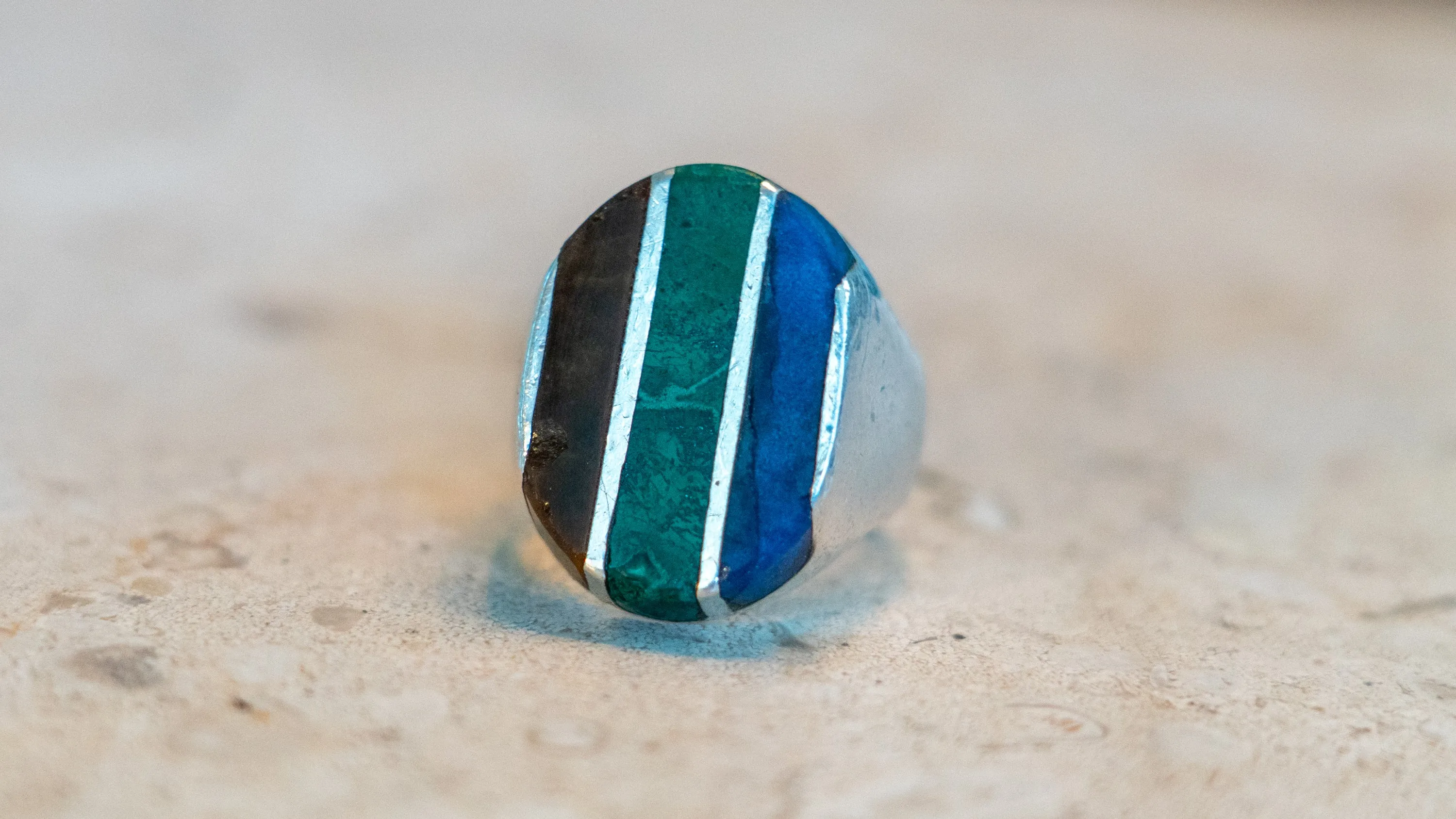 Heavy 22 Gram Multi Inlay Mexico Biker Ring Size-10 sold by Kilroy-VTG
