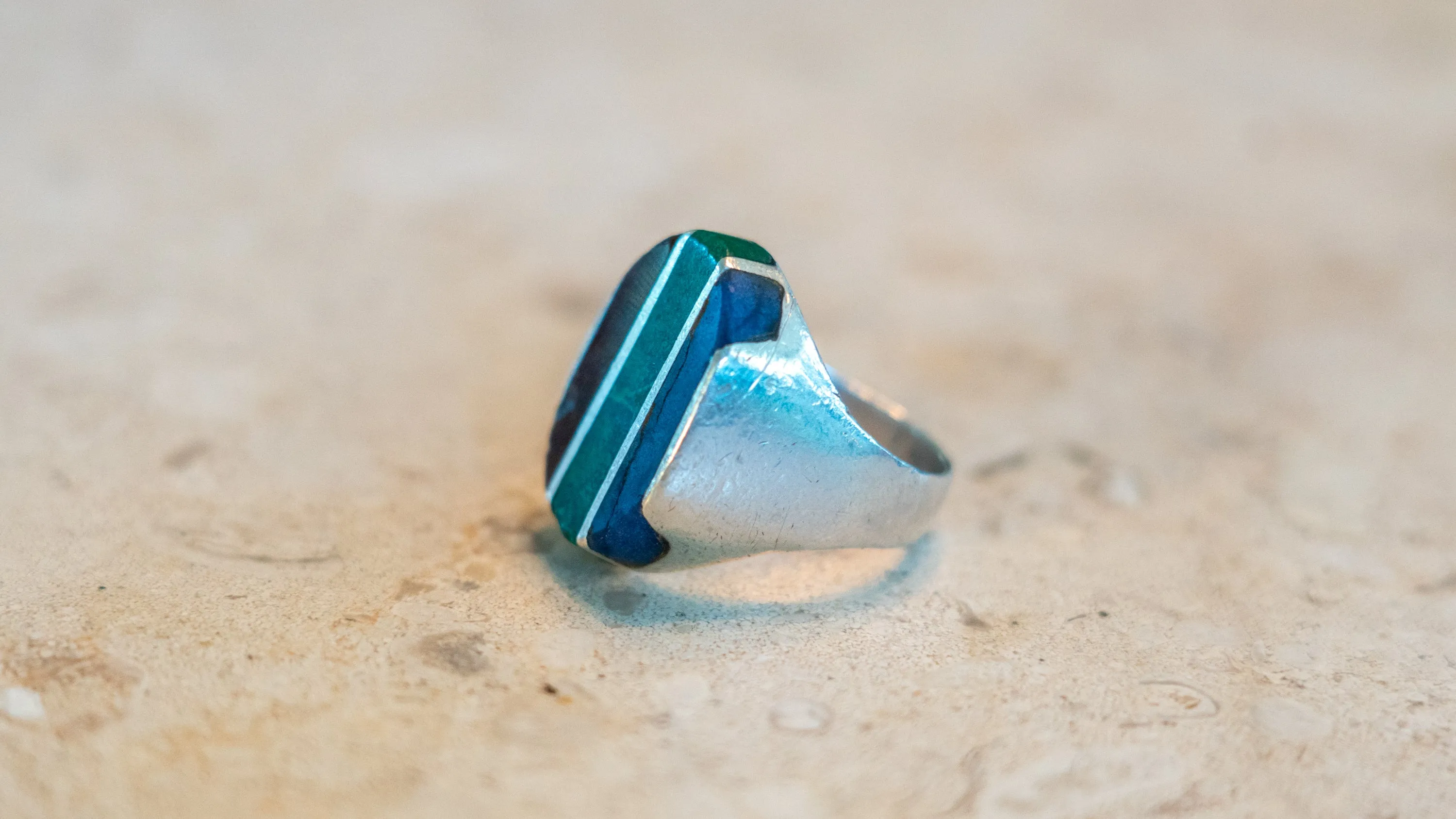 Heavy 22 Gram Multi Inlay Mexico Biker Ring Size-10 sold by Kilroy-VTG product image thumbnail 5