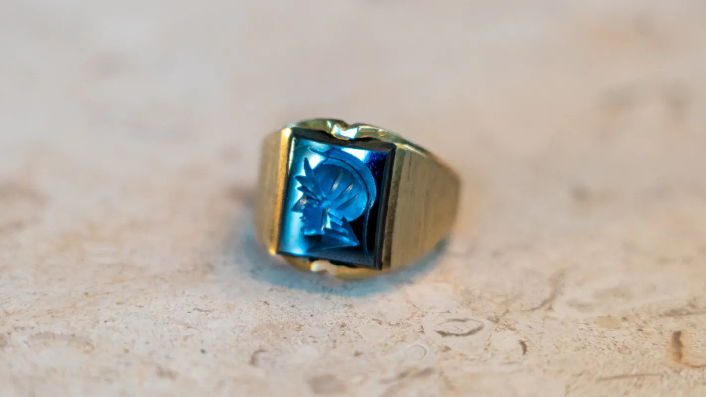 1950s Carved Hematite Centurion Ring Size-10.5 made by Kilroy-VTG