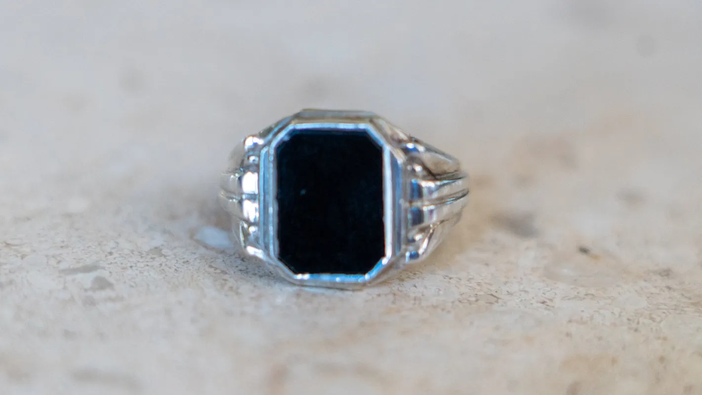 1940s European Stepped Art Deco Onyx Ring Size-10.5 made by Kilroy-VTG
