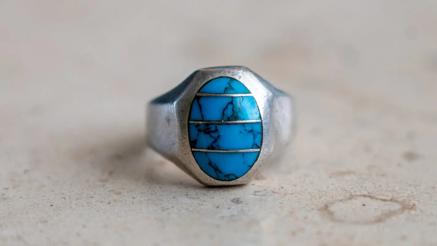 3 Piece Turquoise Inlay Mexico Ring Size-12 made by Kilroy-VTG