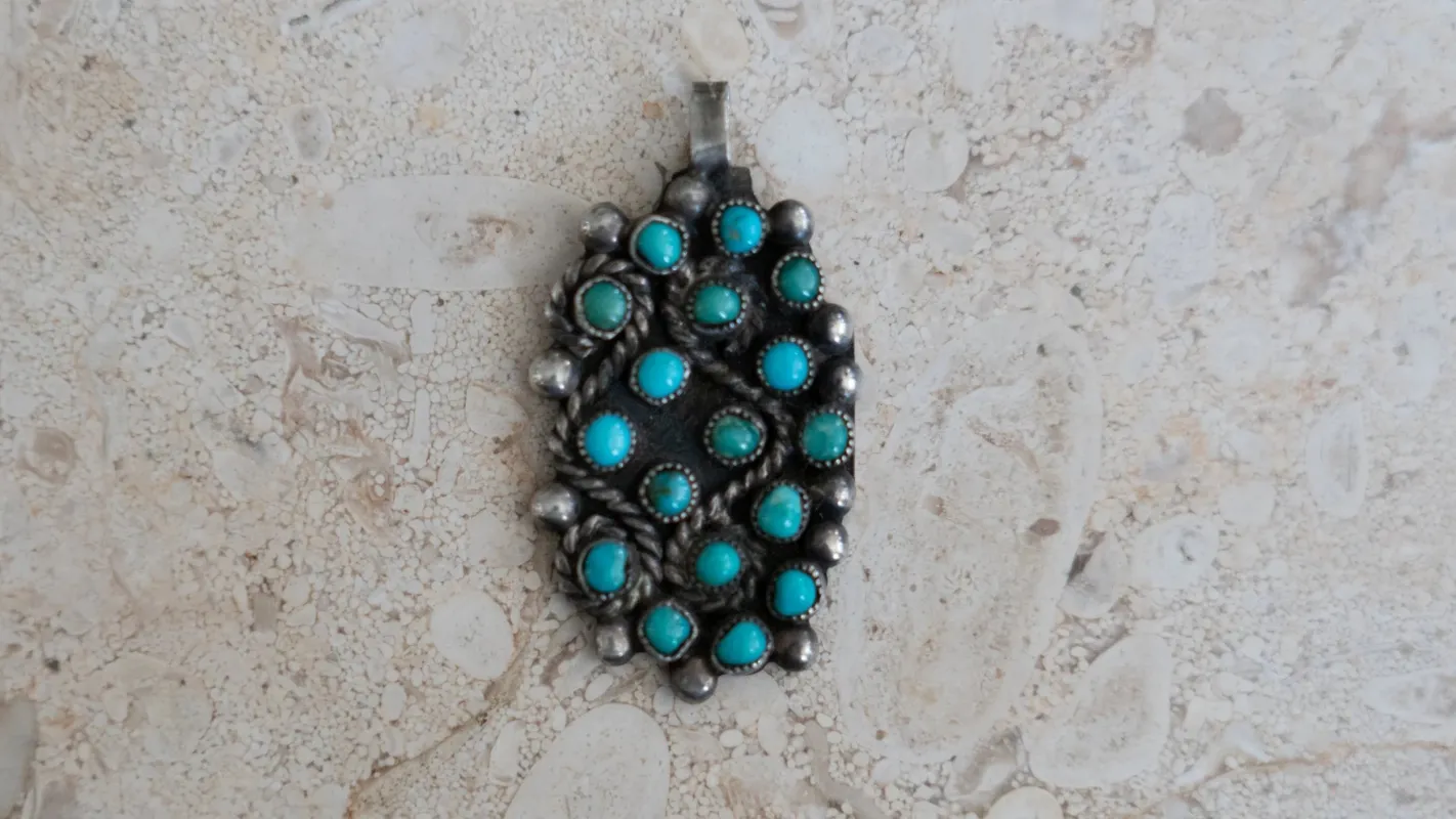 17 Stone Inlay Zuni Petit Point Turquoise Pendant made by Kilroy-VTG