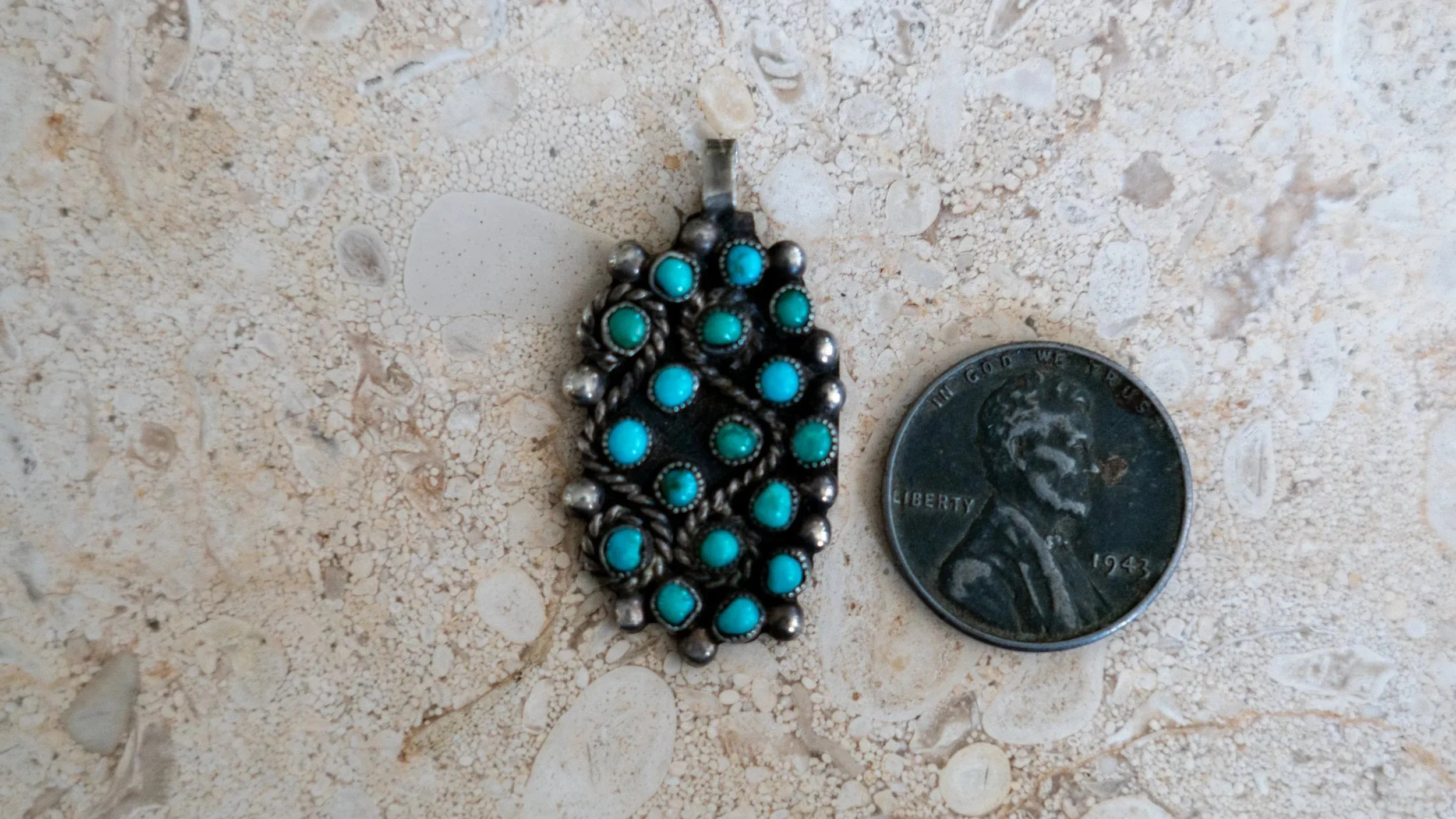 17 Stone Inlay Zuni Petit Point Turquoise Pendant sold by Kilroy-VTG product image thumbnail 3