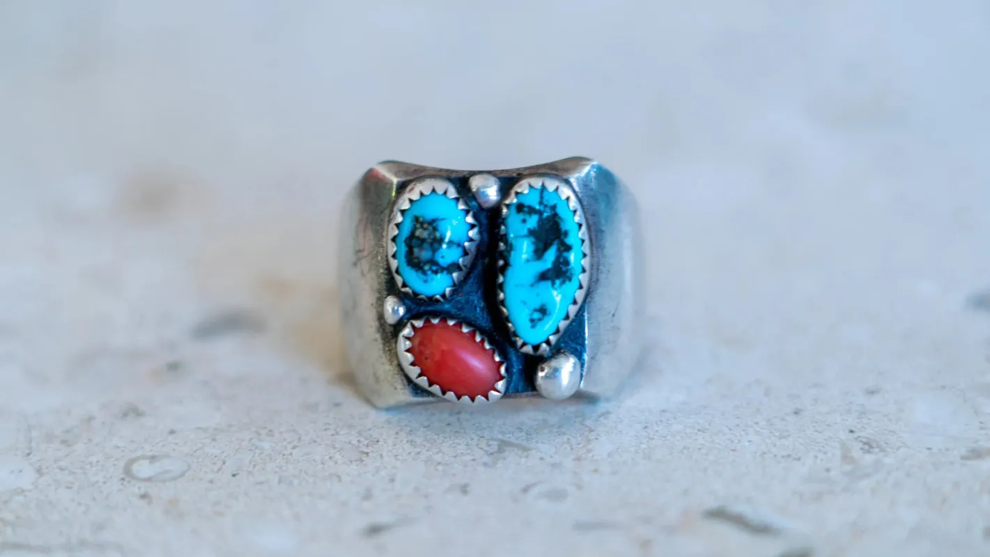 Vintage Coral and Turquoise Nugget Ring Size-10 made by Kilroy-VTG